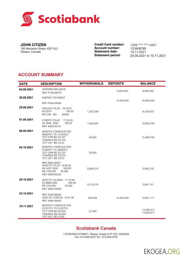 Relevé bancaire de la Banque Scotia du Canada template Relevé bancaire de la Banque Scotia du Canada template